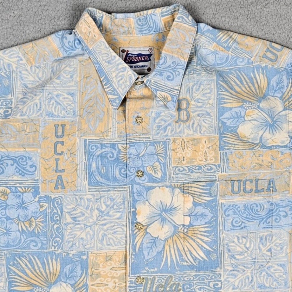 Reyn Spooner (Mens XL) Blue UCLA Bruins Floral Cotton Button Shirt Hawaiian Hula